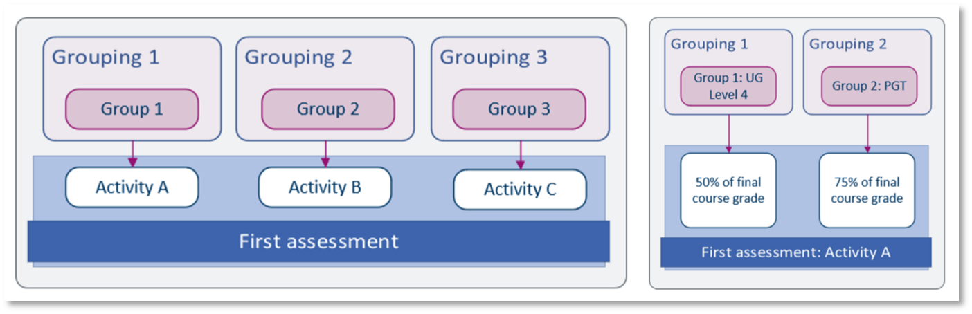 Diagram outlining how the same assessment can be grouped differently depending on student groups to be given different grade weights