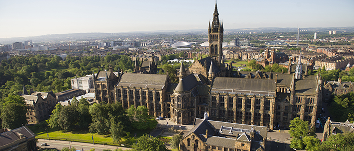 Aerial view of the University of Glasgow tower and Glasgow city