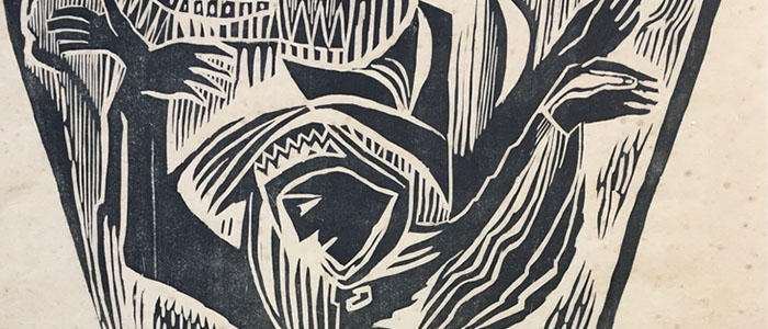 Detail from a woodcut print, black ink on paper, showing a face in profile looking down, the figure's arms raised above her head and duplicated like shadow or reflection.
