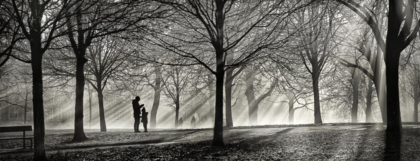 Black and white photo of winter sunbeams beaming between the trees in Victoria Park, Glasgow with a parent and child in silhouette