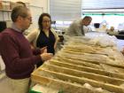 Dr. Annemarie Pickersgill of the University of Glasgow and co-author Prof. Simon Kelley with the Boltysh rock core discussing climate implications of a medium sized impact.