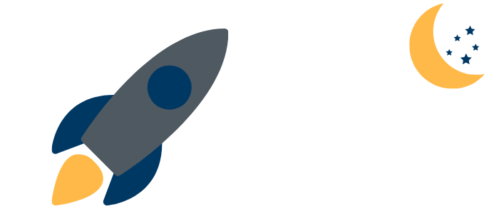 A space rocket heading towards a moon and stars