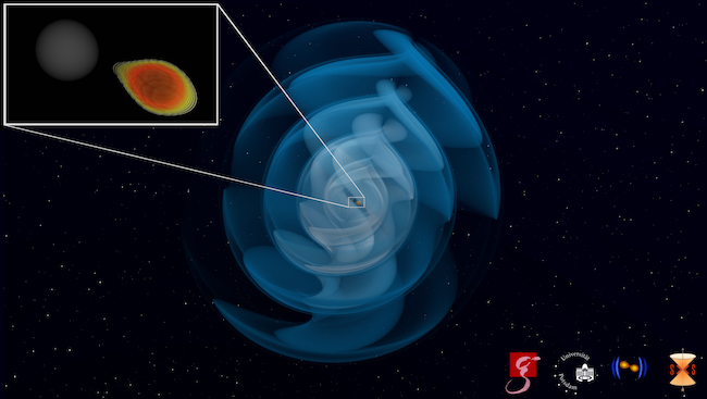 An artists' impression of the gravitational waves created from the death spiral of a neutron star and a black hole.