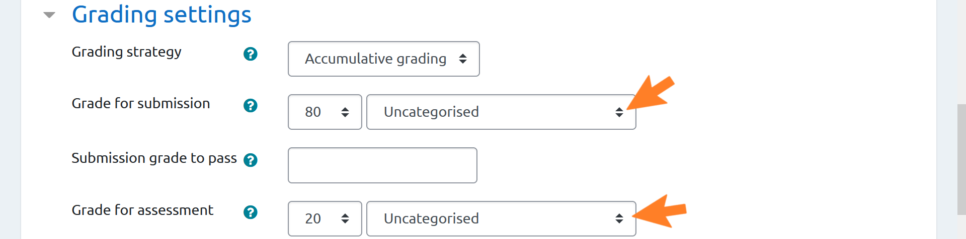 An image of the grading settings sub-menu, with orange arrows indicating the toggle options buttons beside 'Grade for submission' and 'Grade for assessment'.