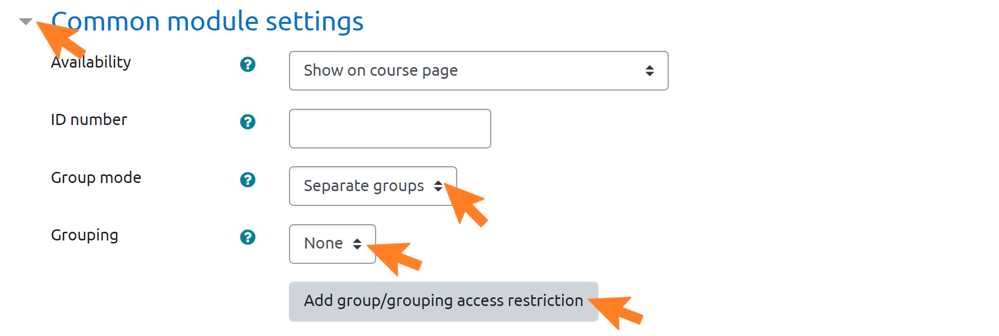Screenshot of the 'Common module settings' in Moodle assessment page setup. There is an orange arrow pointing towards the button for expanding the menu. There is another orange arrow pointing towards the 