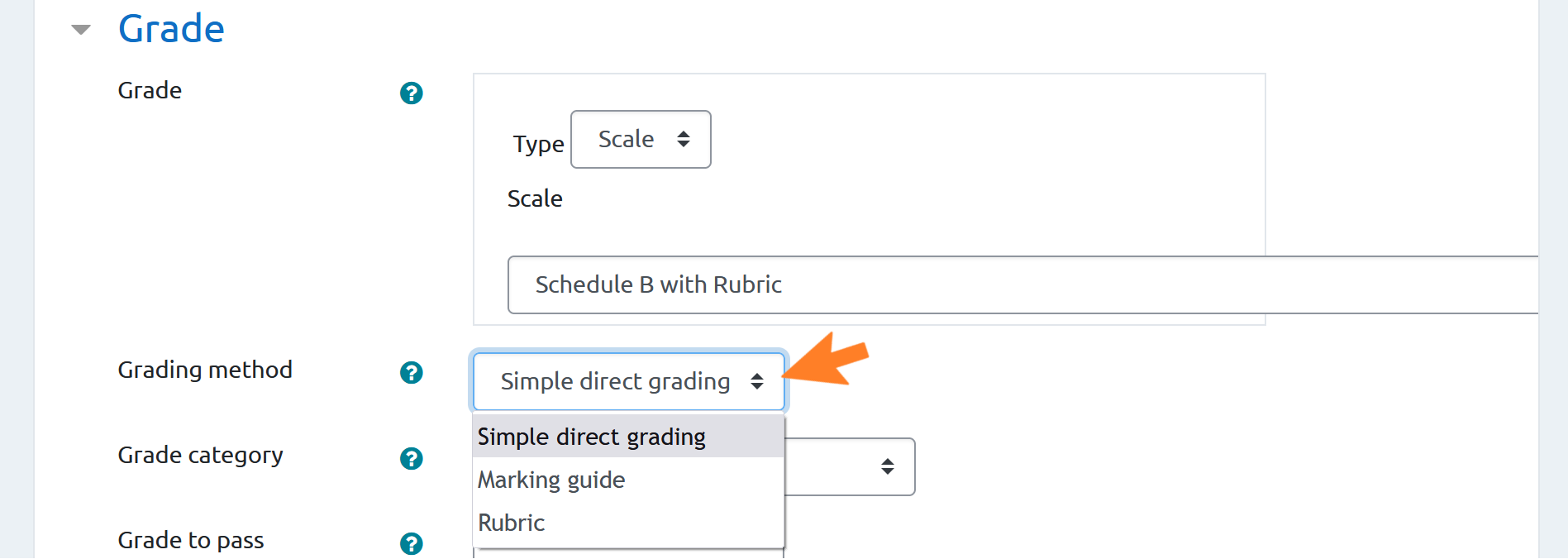 Image of the Grade sub-menu in Moodle assessment settings. 