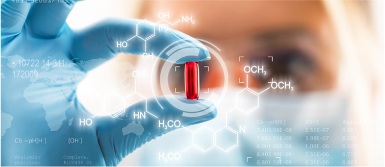 Scientists holding up a red pill with chemical formulas in the foreground in white writing
