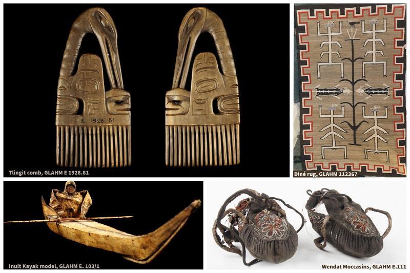 Collage of 4 objects: Inuit Kayak Model; Tlingit comb; Diné rug; Wendat Moccasins