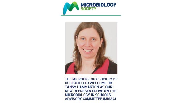 A Microbiology Society graphic with a profile photo of Dr Hammarton under the Microbiology Society logo and text welcoming her to MISAC