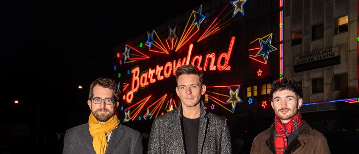 Left to right - Dr Matt Brennan, a Reader in Popular Music at the University of Glasgow; Glasgow PhD student Robert Allan, also a founding and current member of the band Glasvegas and Robert Kilpatrick, Creative Projects and Communications Director of the Scottish Music Industry Association (SMIA) in front of the iconic Glasgow Barrowland Ballroom.