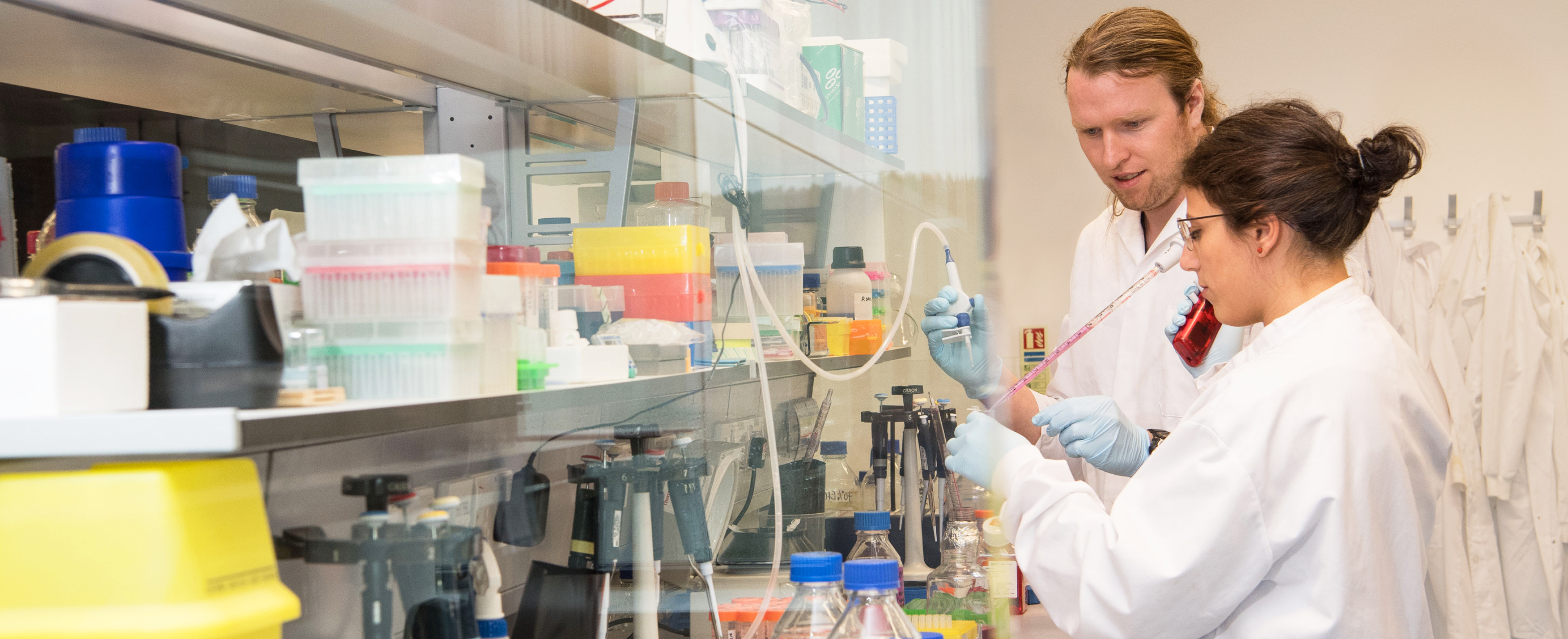 Two researchers working side by side in the lab