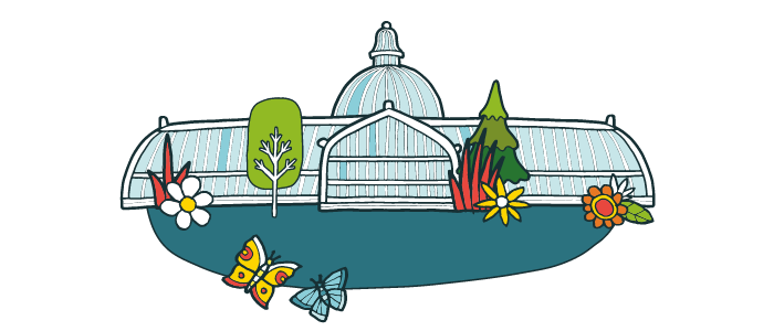 Kibble Palace with trees and butterflies at the front