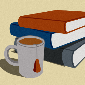 Image of pile of books with a mug of coffee next to it