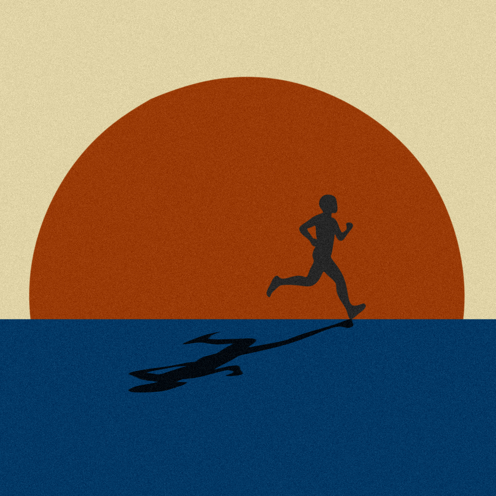 Silhouette and shadow of runner against the sun 