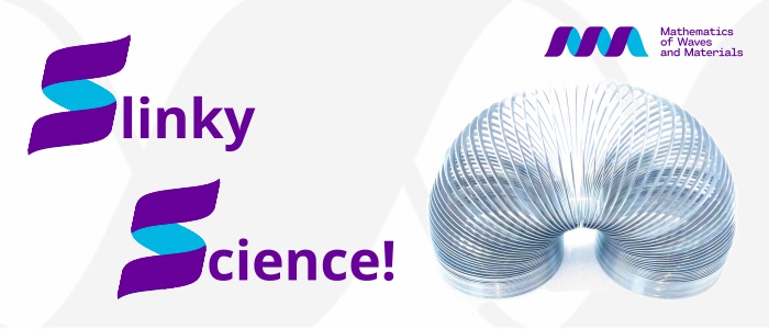 Maths making waves logo with purpole text of title Slinky Science. Metal slinky.