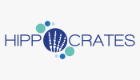 The Hippocrates logo, the 'o' of which has a skeletal hand in the middle, in blue lettering on a grey background