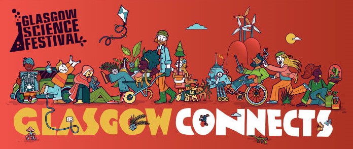 Glasgow Connects text, young boy with body xray, young boy with kite, women with microscope, man pushing woman in a wheel barrow with a cat and plants, robot walking dogs, main in wheelchair, wind turbines, woman with DNA strand, woman with terrarium