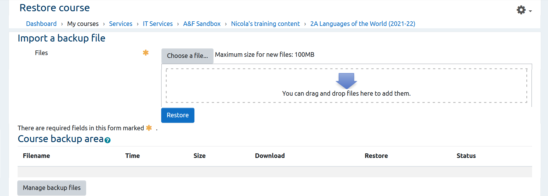 A screenshot of the 'Restore course' area on Moodle, with the sections 'Import a backup file' and 'Course backup area' visible.