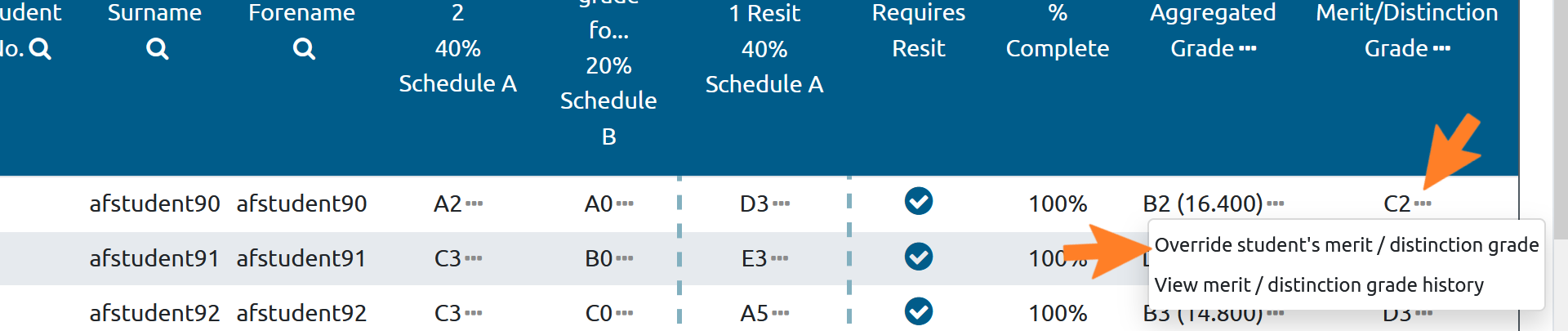 Screenshot of the Course Grade Aggregation tab, with a Merit/Distinction Grade column visible. There is an orange arrow pointing towards the ellipsis beside the first grade visible in this column. The dropdown menu from this ellipsis is open, and an orange arrow is pointing towards 'Override student's merit/distinction grade'