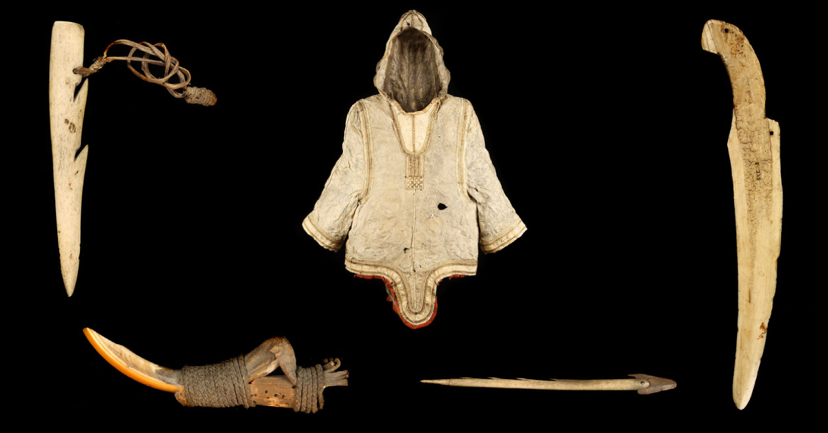 collage of 5 North American objects- Inuit: Cagoul, knife, Arrow; Tlingit: Harpoon, Engraver tool