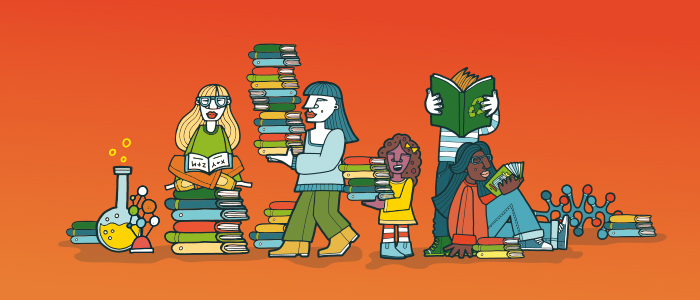 Adults and children reading among stacks of books