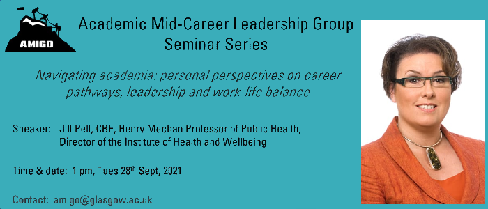 A graphic for Prof Jill Pell's amigo seminar with title and a profile image of Prof Fischbacher-Smith on a turquoise background