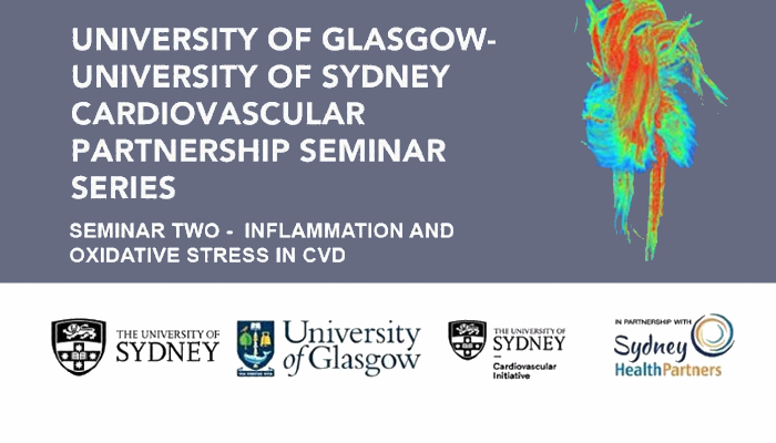 A grey and white graphic with the text for the seminar inflammation and oxidative stress in cvd with university of glasgow and sydney crests