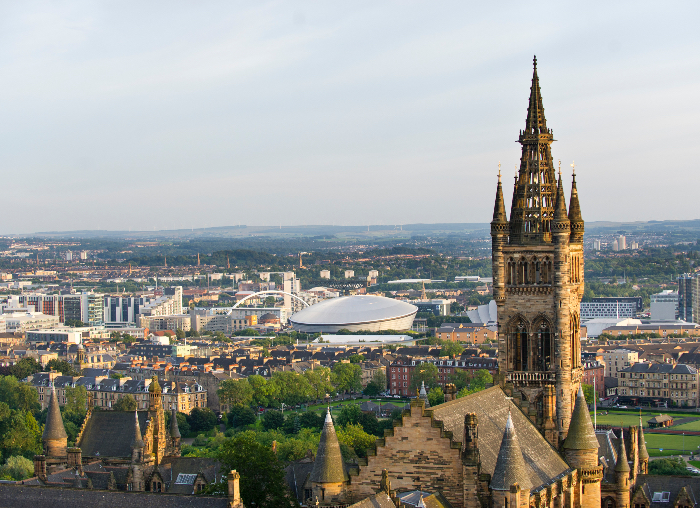 Arial view of Glasgow and main University tower