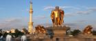 Monumen of Niyazov and Arch of Independence in sunset. Ashkhabad. Turkmenistan.