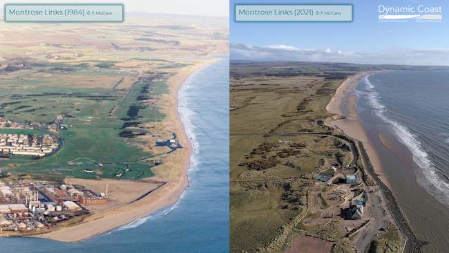 Aerial photograph showing how the Montrose Links coastline has eroded between 1984 and 2021