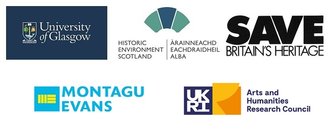 Logos of the partners and funder of Why Do Historic Places Matter? These are University of Glasgow; Historic Environment Scotland; Save Britain's Heritage; Montagu Evans; and UKRI Arts and Humanities Research Council