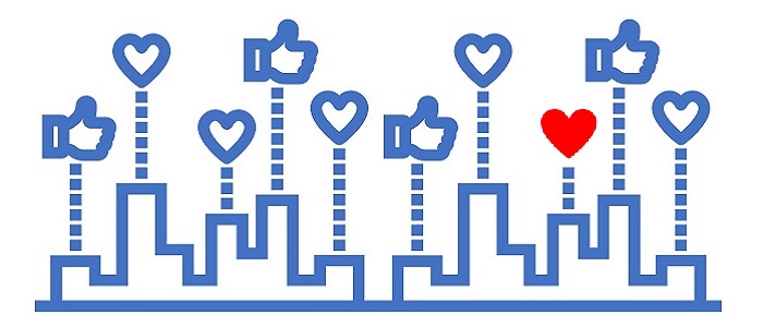 An outline of buildings in blue lines with blue hearts and 'thumbs up' over some of the buildings. One building has a red heart above it.