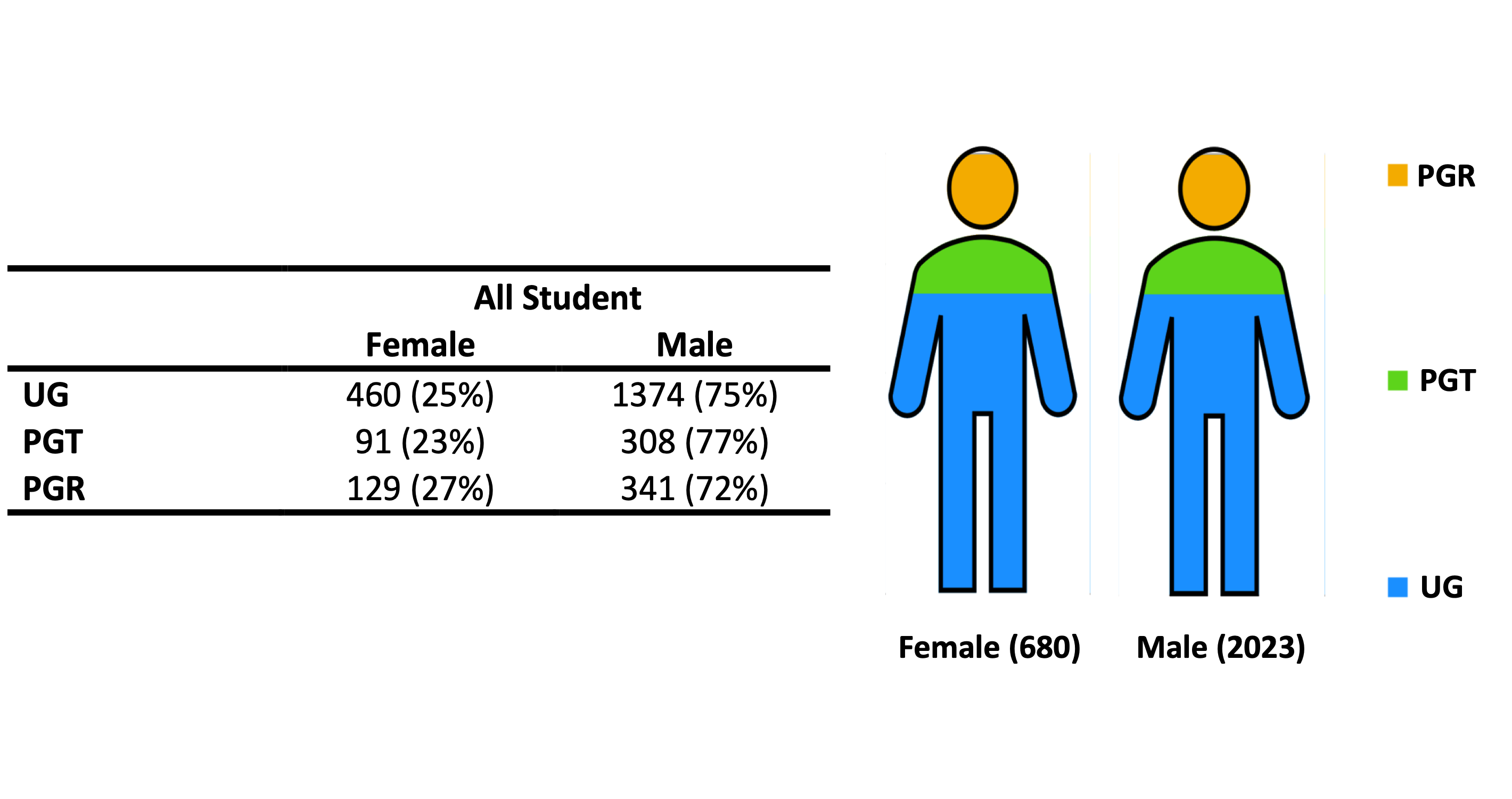 A diagram showing the proportion of female engineering students compared to their male counterparts at undergraduate (25/75%),  postgraduate taught (23/77%) and postgraduate research (27/27%) level
