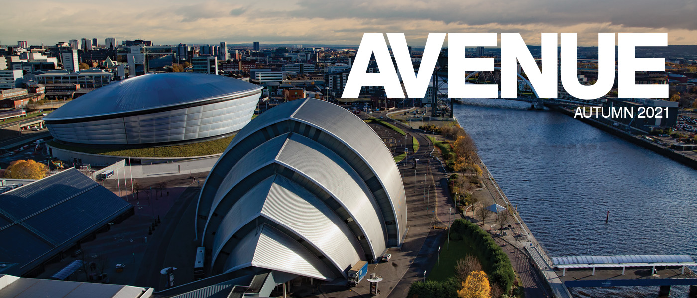 Avenue Autumn 2021 masthead with the city of Glasgow