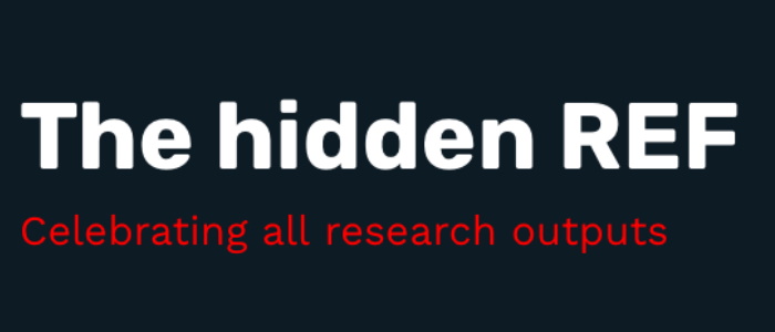 Logo  in white and red that says: The Hidden REF. Celebrating all research outputs