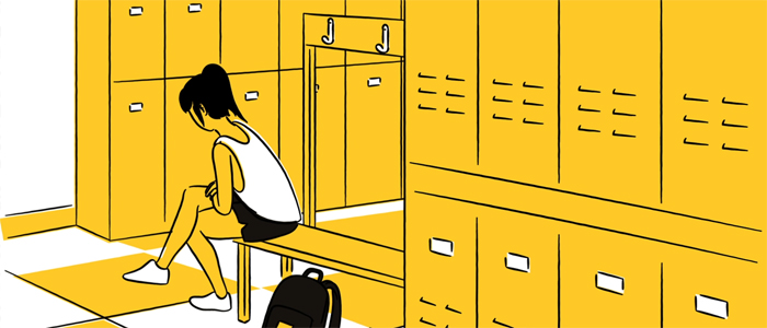 Cartoon of young person in school locker room