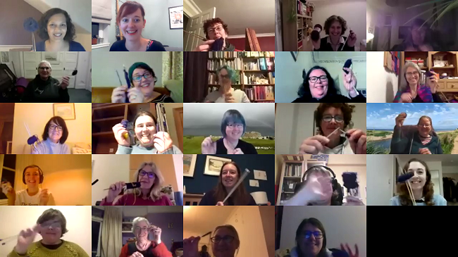 Image of multiple squares of knitters taking part in an online knitting event for Explorathon 2020