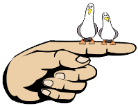 cartoon of pointing hand with two gulls