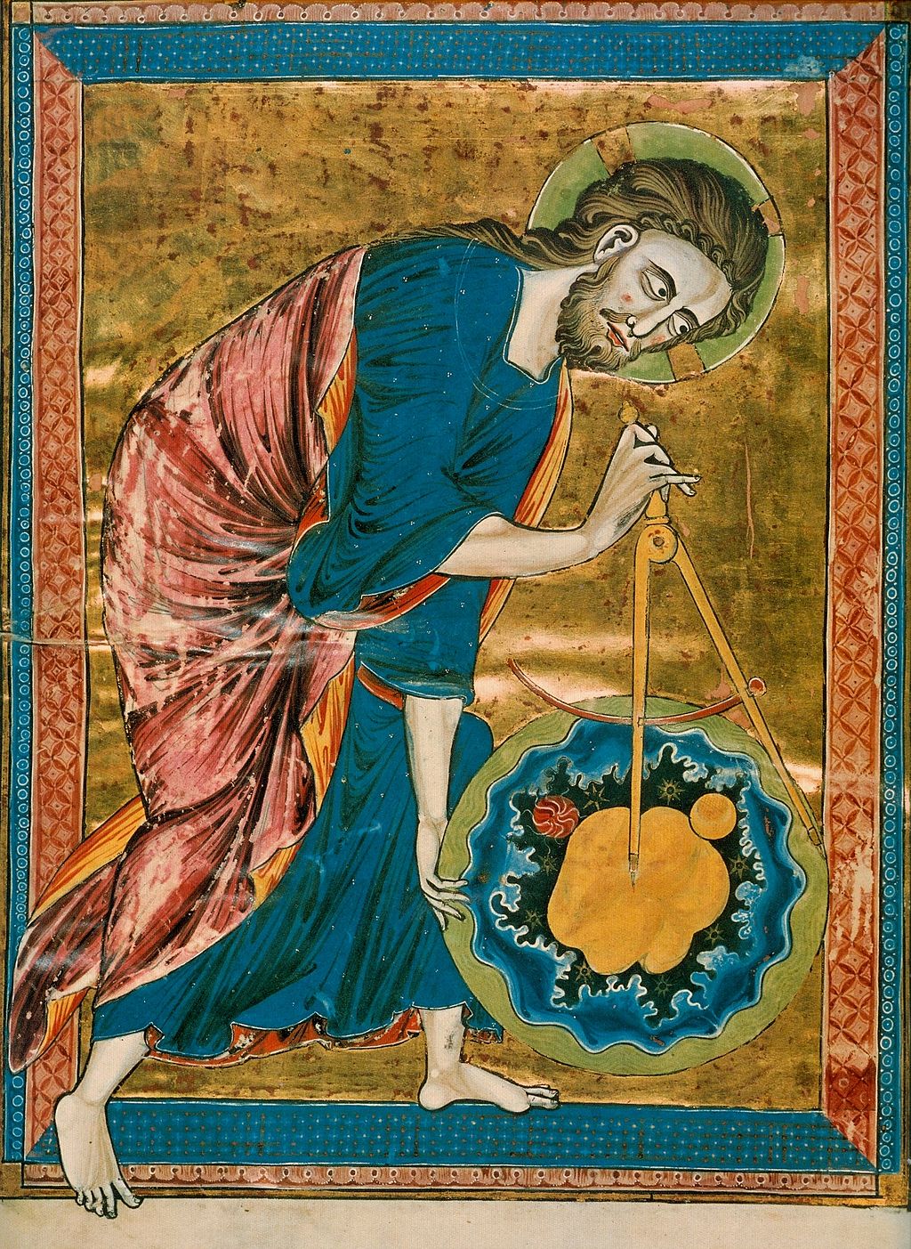 God as the architect of the World, from the Bible Moralisée, French, c. 1220-1230 (Osterreichische Nationalbibliothek, Vienna, Codex Vindobonensis 2554, f.1 verso)