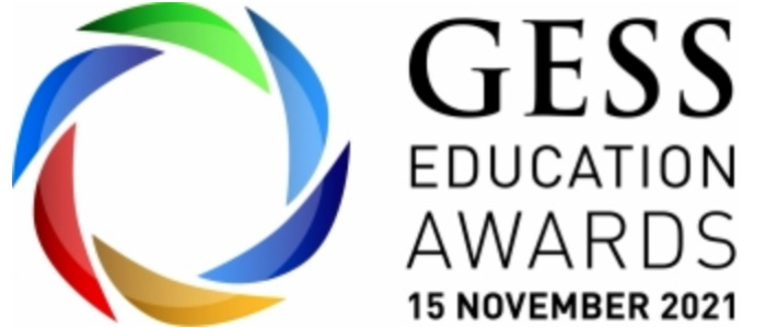 Logo of GESS Education Awards November 2021 with wavey coloured linse of the rainbow arranged in a circle