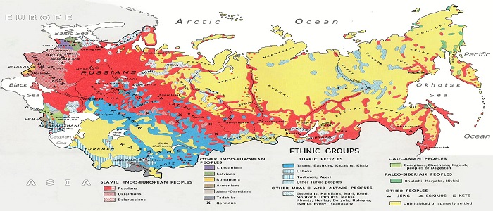 Illustrated map of former USSR with details of ethnic groups