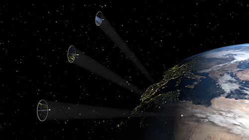 Image: Representation of a train of mirrors reflecting sunlight to a solar power farm on Earth: in-orbit view. The mirror size is not to scale. Credits: Andrea Viale, NASA (Earth texture).