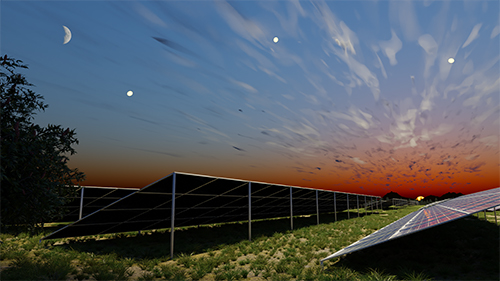 Representation of a train of mirrors reflecting sunlight to a photovoltaic farm on Earth: ground view. The mirror size is not to scale.  Credits: Andrea Viale. 