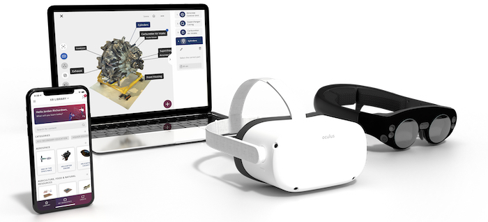 An image showing the devices that EON Reality's extended reality technology uses - a smartphone, a laptop, a VR headset and augmented reality glasses