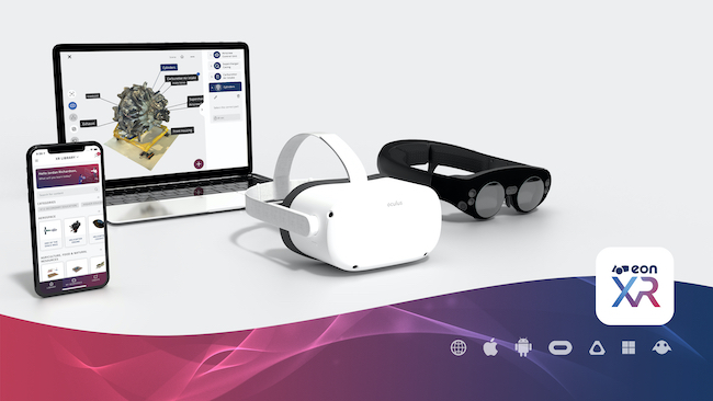 An image showing the devices that EON Reality's extended reality technology uses - a smartphone, a laptop, a VR headset and augmented reality glasses