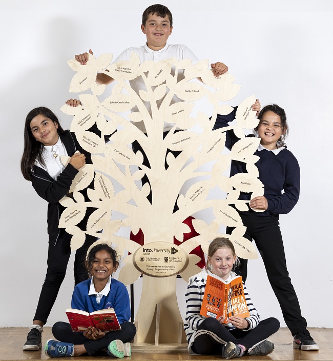 Clockwise: Ryan, age 10, P6 from Pirie Park Primary School; Layla, age 9, P6 from Riverside Primary School; Ava, age 10, P6 from Ibrox Primary School; Sovrajana, age 8, P4 both from Pirie Park Primary School; and Sara, age 8, P4 from Pirie Park Primary School are among the children taking part in the official opening of the new Into IntoUniversity Govan centre. Credit Martin Shields