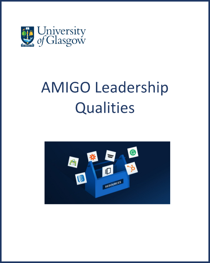 The cover page of the AMIGO Leadership qualities document with the UofG logo and a graphic of a tool box