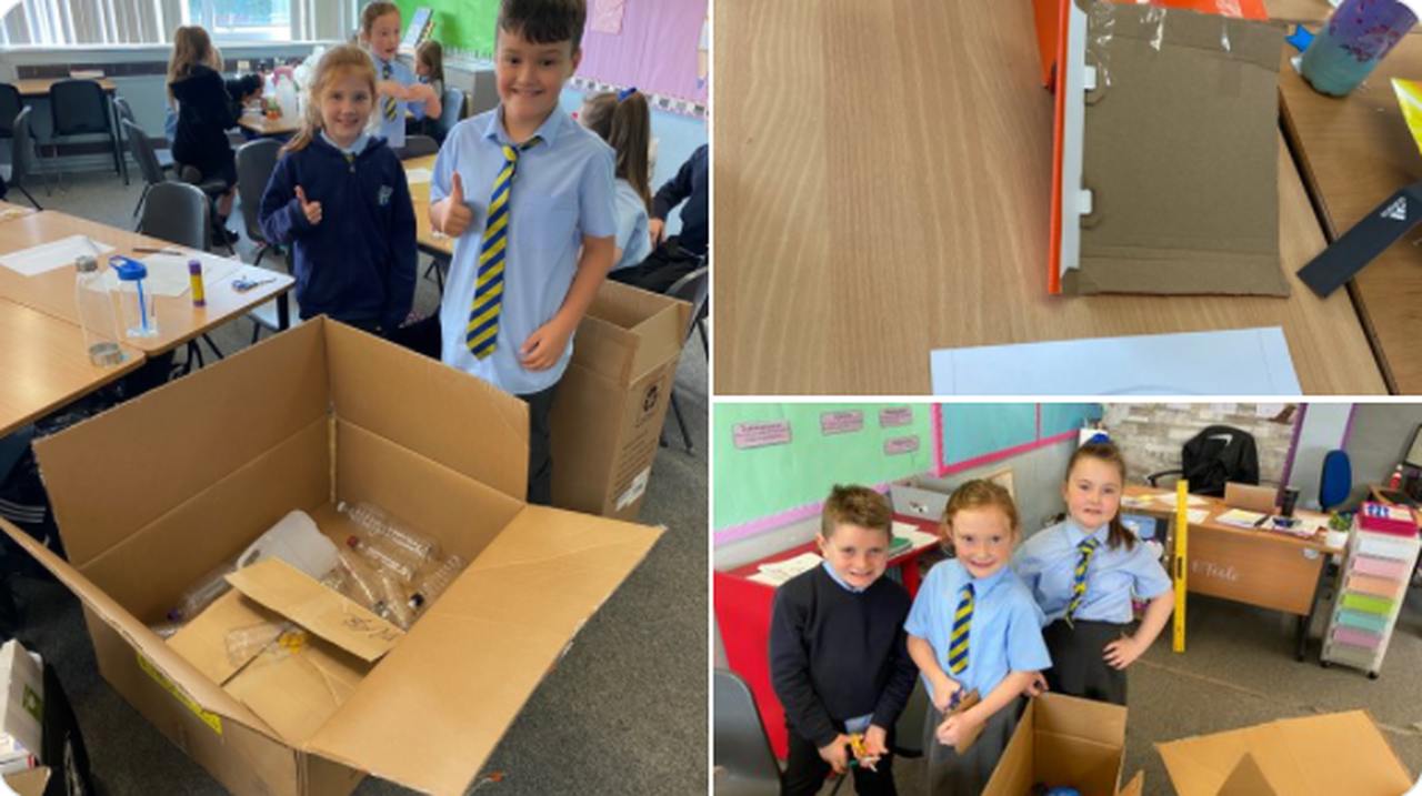 A collage of images showing children using cardboard boxes to make bridges