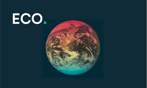 Image of the planet red and green on a black space background and the letters ECO
