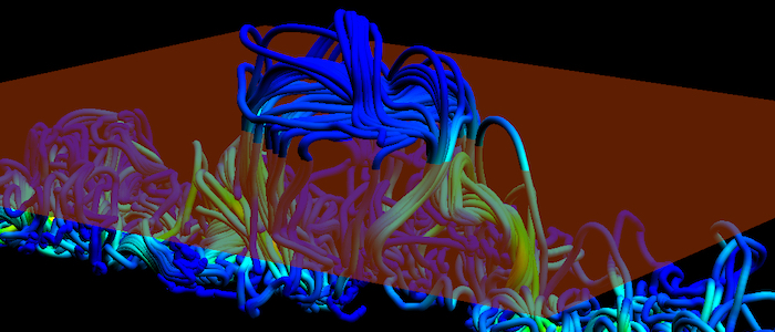 An image of simulations of the magnetic twists in the solar atmosphere produced by Dr David MacTaggart of the School of Mathematics & Statistics